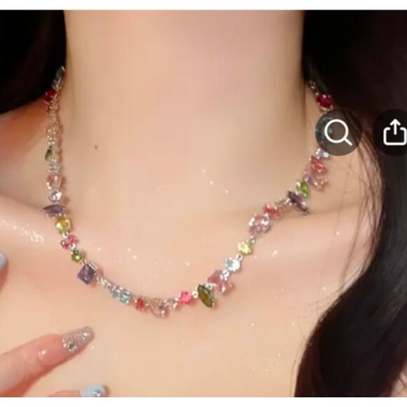 EXQUISITE MULTI-COLOR STONE, RANDOM SHAPE STERLING SILVERPLATE NECKLACE! - Picture 2 of 6